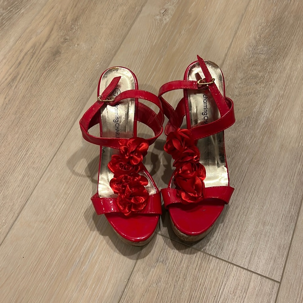 Red Floral Wedges - worn once